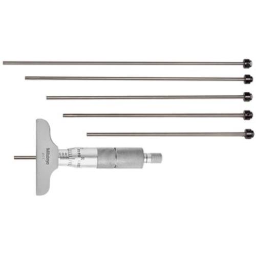 Mitutoyo Depth Micrometer with 0-6" range, 4mm face, ratchet stop, 6 rods, and stable 2.5" base for precise depth measurements.