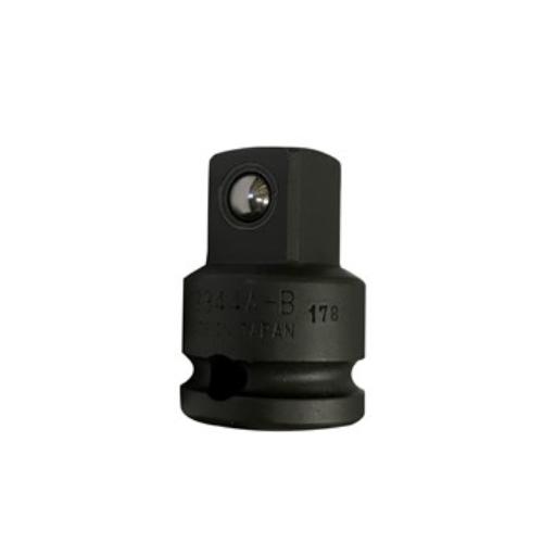 Koken 13344A-B Impact Adaptor, 3/8"F x 1/2"M, features a spring-loaded ball for secure socket retention without a pin.