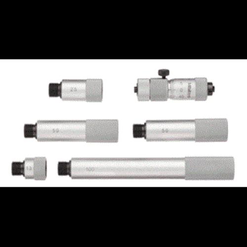 Mitutoyo Inside Micrometer set with tubular extension rods, 50-300mm range, precise 0.01mm graduations for accurate measurements.