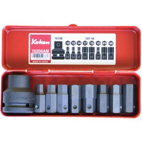 Koken 16204AM 9-piece impact hex bit socket set for professional and DIY use, includes various hex sizes and bit holder.