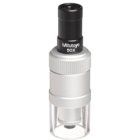 Mitutoyo Mini Microscope with 50X magnification on a sturdy stand, perfect for inspecting metal and mechanical components.