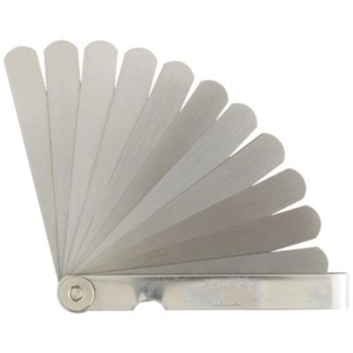 Mitutoyo 13-piece feeler gauge set for precise measurements from 0.05mm to 1.0mm, featuring detachable, clearly marked leaves.