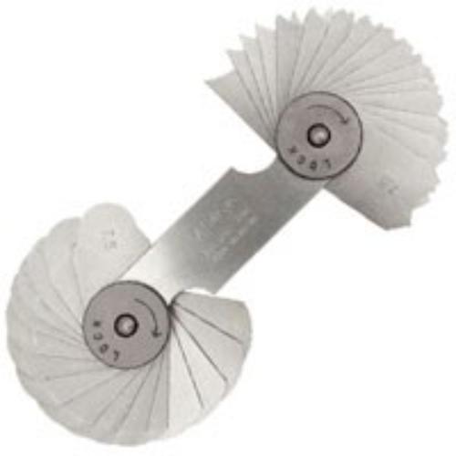 Mitutoyo Radius Gauge 1-7mm with 34 durable leaves for precise internal and external radius measurements, featuring a locking clamp.