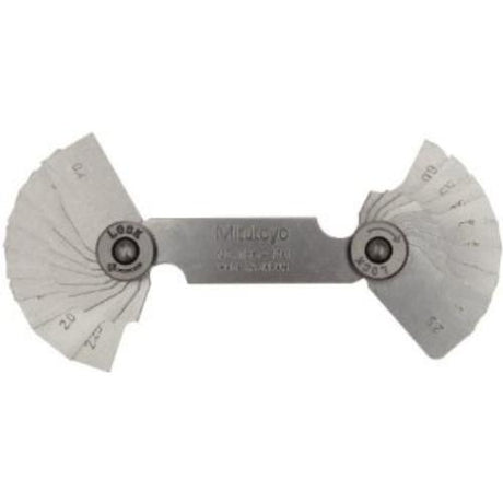 Mitutoyo Radius Gauge 0.4-6mm with 18 leaves for precision internal and external radius measurements, includes locking clamp.
