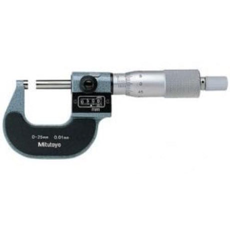 Mitutoyo Digit Outside Micrometer, 0-25mm range, 0.01mm resolution, durable carbide faces, mechanical digit counter.