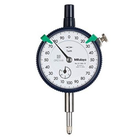 Mitutoyo Dial Indicator featuring 5mm travel, 0.001mm graduation, stainless steel stem, and scratch-resistant crystal for precision measurement.