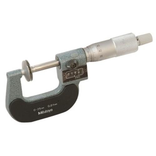 Mitutoyo Digit Disk Micrometer 0-25mm, featuring ratchet stop for precision and 20mm anvils for accurate measurements.