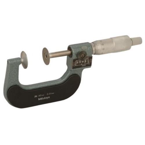 Precision Mitutoyo Digit Disk Micrometer 25-50mm with ratchet stop, ideal for measuring gear lengths and ensuring accuracy.