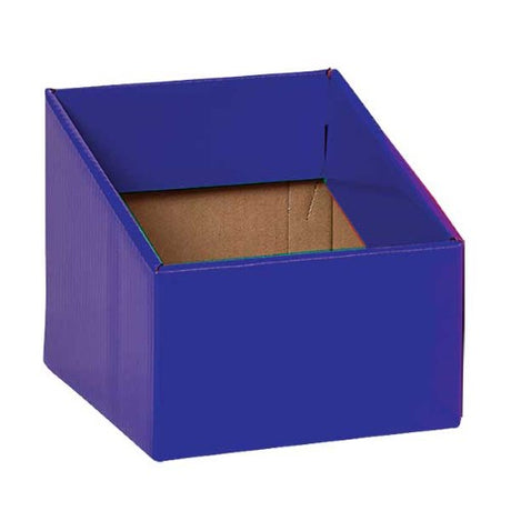 Five vibrant blue story boxes by Elizabeth Richards for organized storage of books and supplies in classrooms or homes.