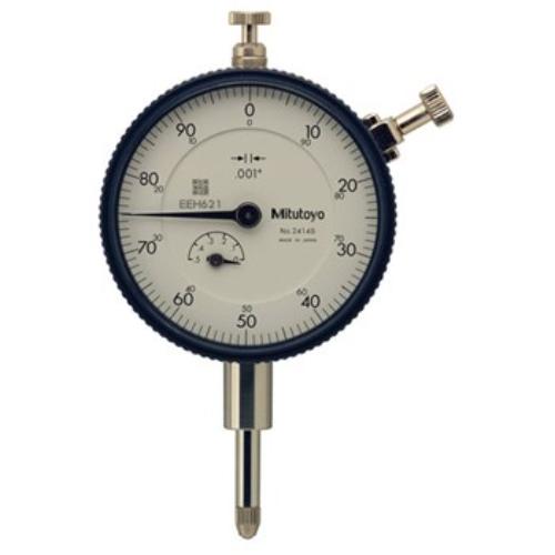 Mitutoyo dial indicator with 0.5" travel and 0.001" graduations, featuring a durable stainless steel stem and carbide contact point.