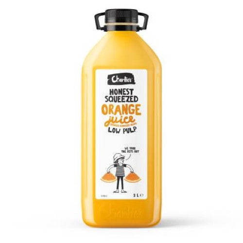 Charlie's Pulp Free Orange Juice in a 2L carton, featuring smooth, refreshing taste made from premium Australian oranges.