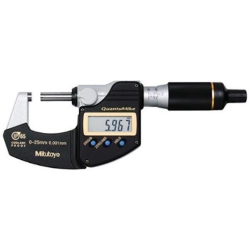 Mitutoyo QuantuMike 0-25mm micrometer in a case, featuring IP65 protection, 0.001mm resolution, and fast 2mm feed rate.