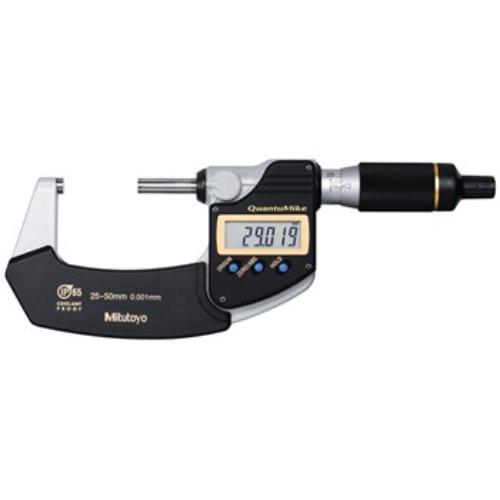 Mitutoyo QuantuMike 25-50mm micrometer, IP65 rated, coolant proof, features fast 2mm/rev measurements and a function lock.