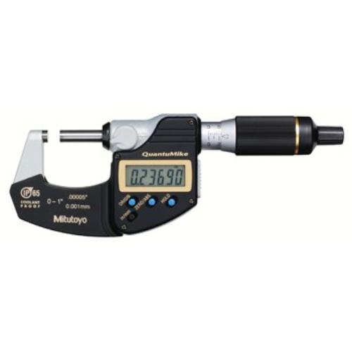 Mitutoyo QuantuMike 0-1" digital micrometer with IP65 rating, offering .00005" resolution, data output, and a durable design.