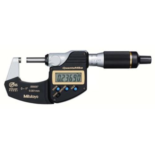 Mitutoyo QuantuMike 0-1" digital micrometer with IP65 protection, LCD display, and patented ratchet thimble for precise measurements.