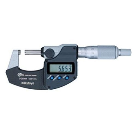 Mitutoyo Digimatic Micrometer 0-25mm with 0.001mm resolution, IP65 rated, oil-resistant, and equipped with data output.