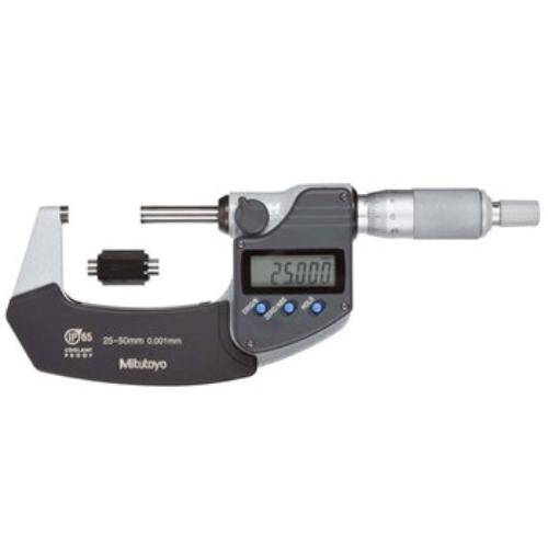 Mitutoyo Digimatic Micrometer 25-50mm with IP65 rating, digital display, and absolute encoder for precise measurement.