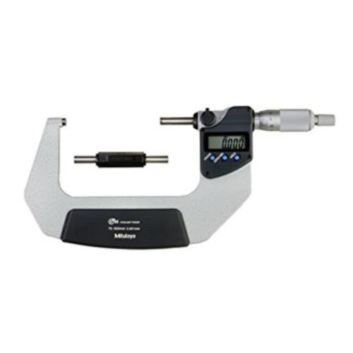 Mitutoyo Digimatic Micrometer 75-100mm with IP65 rating, features LCD display, carbide faces, and auto power function.