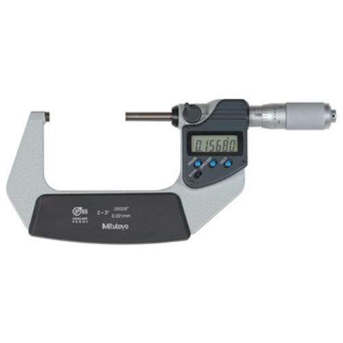 Mitutoyo Digimatic Micrometer 2-3" with IP65 rating, features LCD display, data output, and carbide measuring faces for precision.