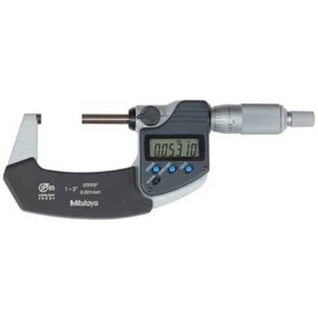 Mitutoyo Digimatic Micrometer 1-2"/25-50mm, IP65 coolant proof, features LCD, ratchet stop, and extreme accuracy.