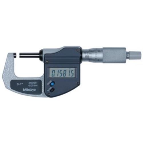 Mitutoyo Digimatic Micrometer 0-1"/25mm with LCD display, auto power function, and carbide measuring faces for accurate measurements.