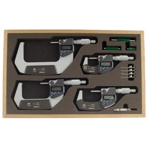 Mitutoyo digital micrometers set 0-4"/100mm, featuring absolute encoder tech, IP65 dust/coolant proof, and easy-read LCD display.