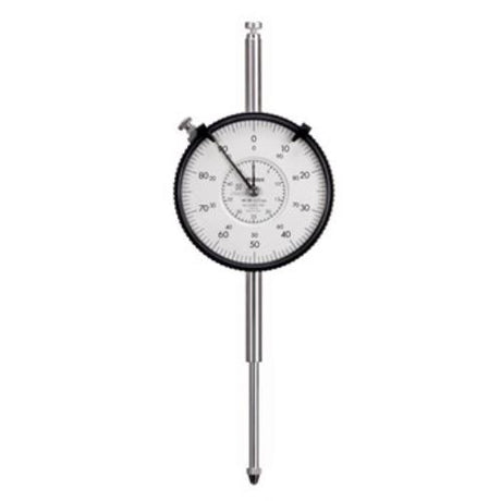 Mitutoyo Dial Indicator with 50mm travel, 0.01mm graduations, large face, stainless steel construction, and durable carbide tip.