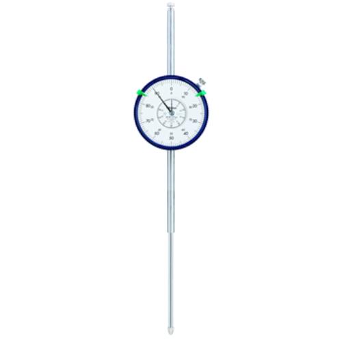 Mitutoyo Dial Indicator 100mm x 0.01mm with large face, stainless steel stem, and scratch-resistant crystal for precision measurement.