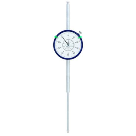 Mitutoyo Dial Indicator 100mm x 0.01mm with large face, stainless steel stem, and scratch-resistant crystal for precision measurement.