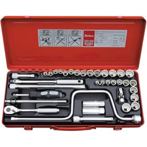 Koken 3201AM Socket Set, 36pc, 3/8" drive; includes metric and imperial sockets in a durable metal case.