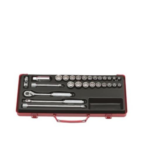 Koken 3206AM 27-piece socket set featuring 12pt sockets, spark plug socket, ratchet, and extensions in a durable metal case.