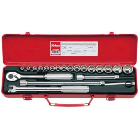 Koken 3206M 21pc socket set with 12pt sockets (6-22mm) in a metal case, includes ratchet and extensions for versatile use.