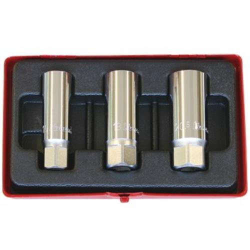 Koken 3229 Spark Plug Socket Set with 3 sizes (16mm, 18mm, 20.8mm) and spring clips for easy spark plug removal.