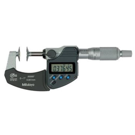 Mitutoyo Digimatic Disk Micrometer with 0-1" capacity, 0.00005" resolution, IP65 rated, ideal for precise measurements.