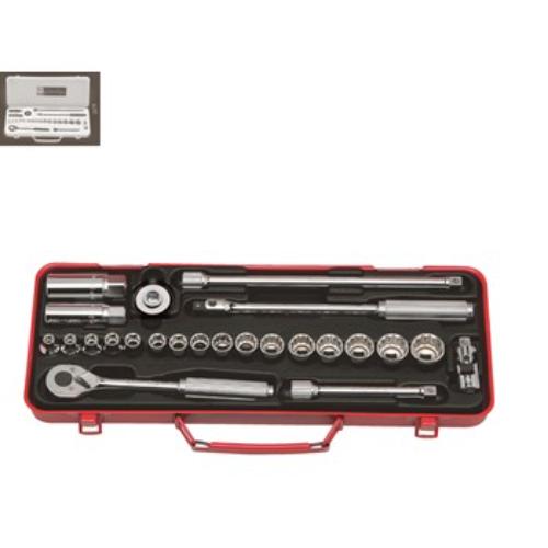 Koken 3275 Socket Set with 24 metric sockets, 6-22mm and spark plug sizes, in a robust metal case for easy organization.