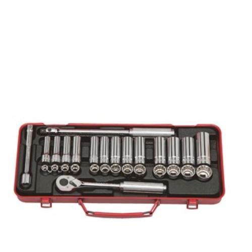 Koken 3277 Std & Deep Socket Set in metal case, 29 pieces, 3/8" drive, 8-21mm, 6pt and 12pt sockets, durable and precise.