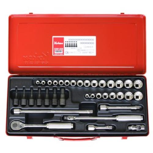 Koken 3281AM Socket Set: 36-piece tool kit with metric/impe rial sockets, 12-point grip, metal case, and versatile extensions.