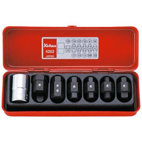 Koken 4202 Drain Plug Key Set: 7-piece toolset with 1/2" drive for various drain plug applications, crafted in Japan.