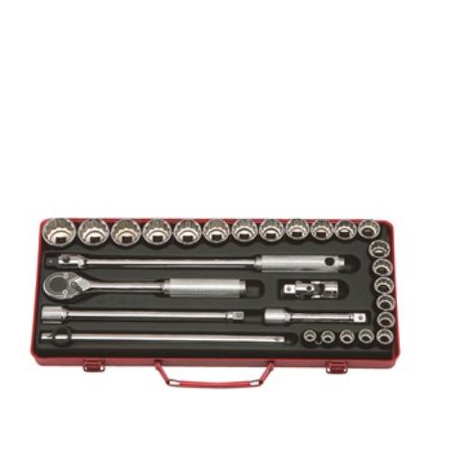 Koken 4241M 28-piece socket set in metal case, featuring 12-point sockets from 10mm to 32mm, ideal for automotive tasks.