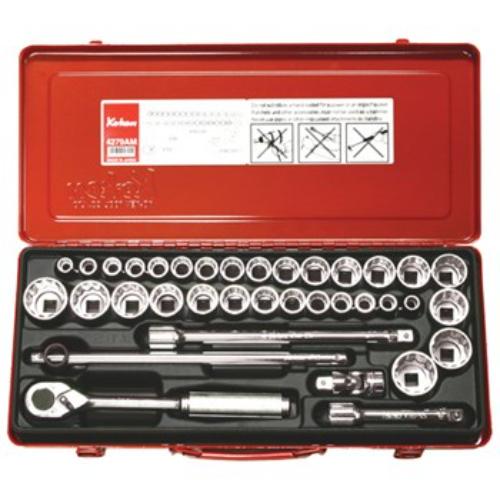 Koken 4279AM 36-piece socket set in metal case, features 12pt sockets in metric and imperial sizes, ideal for mechanics.