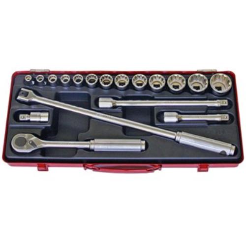 Koken 4289M 18pc socket set in metal case, featuring 12pt metrics from 8mm to 32mm and a durable 1/2" drive ratchet.