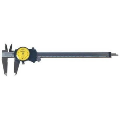 Mitutoyo Dial Caliper 200mm x 0.02mm features smooth sliding, yellow dial, and durable titanium nitride coating for precise measurements.