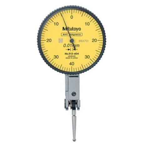 Mitutoyo Dial Test Indicator set with 0.8mm travel, smooth operation, durable frame, and clear, scratch-resistant dial face.