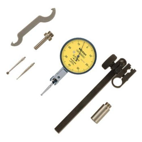 Mitutoyo Dial Test Indicator full set, 0.8mm travel, 0.01mm graduations, robust design for precise alignment and measurement.