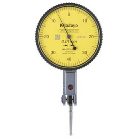 Mitutoyo Dial Test Indicator with 0.8mm travel, 0.01mm graduations, featuring a ruby contact point for precision measurements.