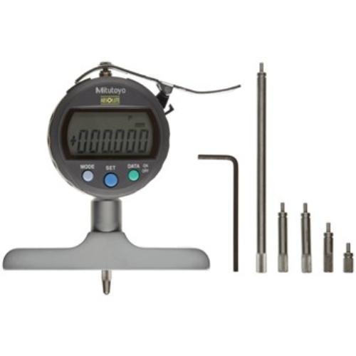 Mitutoyo Digimatic Depth Gauge 0-200mm with 0.01mm resolution, featuring durable design and multiple extension rods for accuracy.