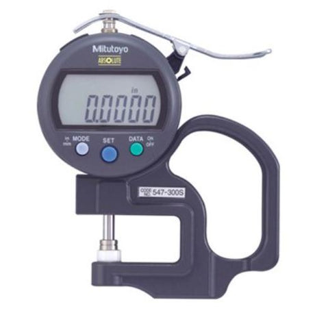 Mitutoyo Digimatic Thickness Gauge with ceramic spindle, measuring range .400" (10mm) and resolution .0005" (0.01mm).