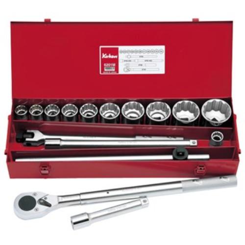 Koken 6201A 18pc 3/4" drive socket set with 12-point sockets, extensions, and tools in a metal case, ideal for automotive tasks.