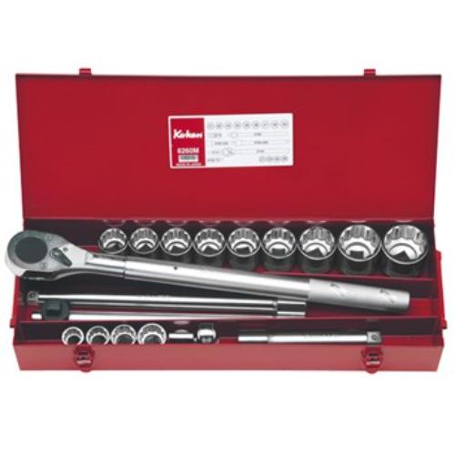 Koken 6260M 20-piece socket set with 12-point sockets, 3/4" drive ratchet, and extensions in a durable metal case.