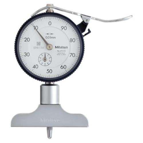 Mitutoyo Dial Depth Gauge with 200mm range, 0-0.01mm accuracy, 63mm base, and 5 extension rods for precise measurements.